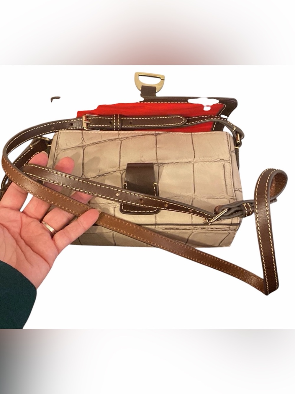 DOONEY & BOURKE BEIGE CROC-EMBOSSED LEATHER CROSSBODY WITH BROWN STRAP - Picture 2 of 8